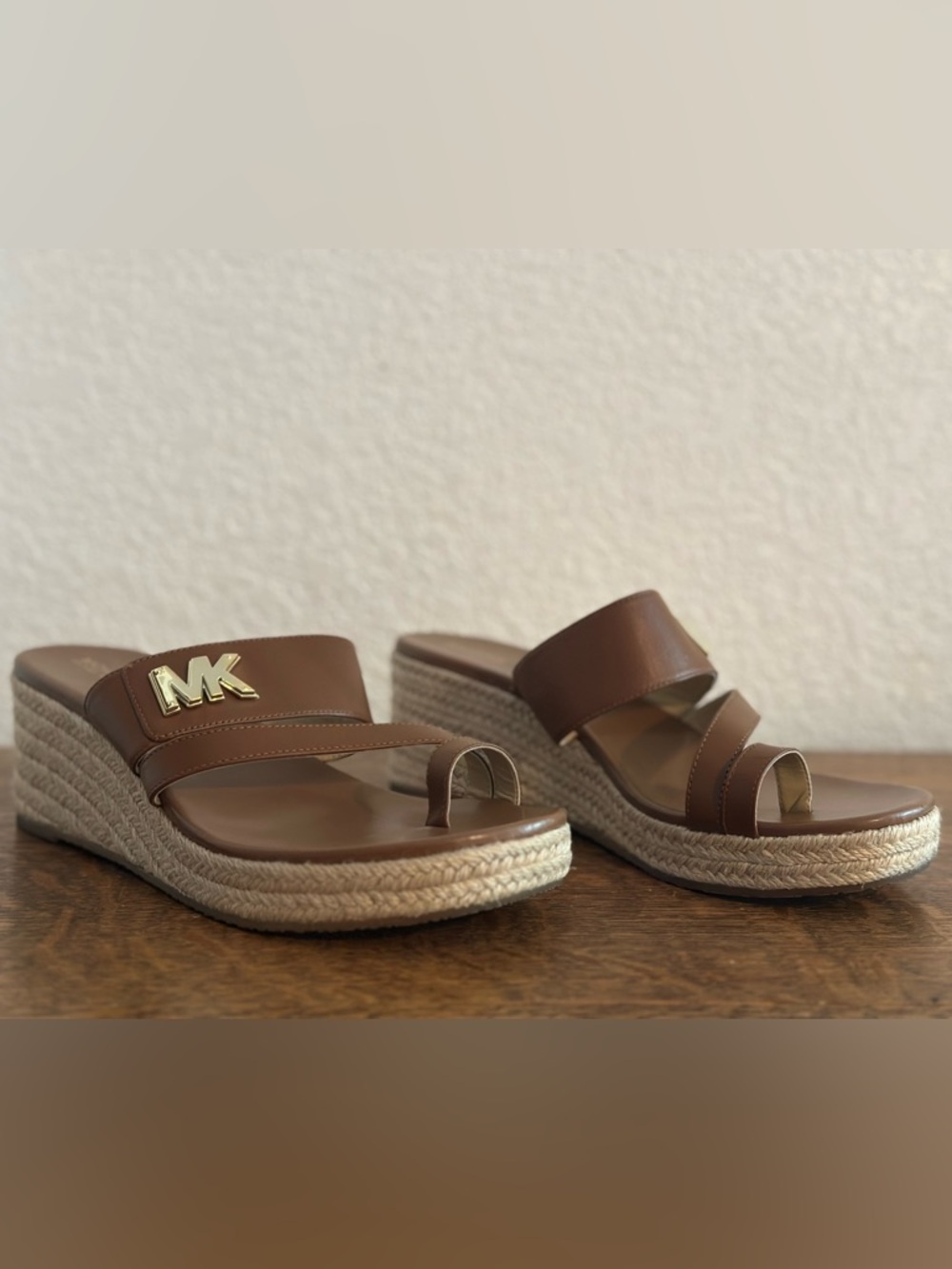 Michael Kors Brown Leather Espadrille Wedge Sandals